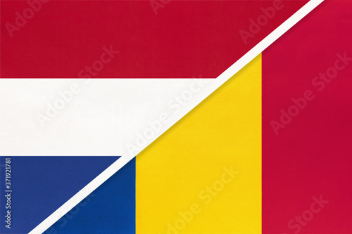 Netherlands or Holland and Romania  symbol of national flags from textile. Championship between two countries.