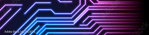 Glowing blue purple neon circuit board lines abstract banner design. Technology vector background