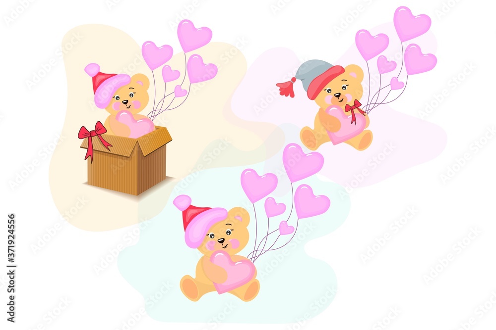 Cute cartoon teddy bears in winter hats with hearts.
Vector gift set. Cute cartoon teddy bears in winter hats with hearts.
Vector gift set.