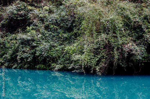 Zhangjiajie Grand Canyon, Hunan, contains mountain streams, silk-like smooth water, birds playing in the water, aquatic plants, ossy stones, cliffs, green trees environment, blue sky and reflection as photo