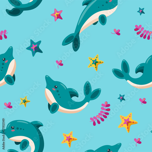 Seamless pattern with dolphins, starfish and seaweed. Pattern for backgrounds, wallpapers and textile. Cartoon vector illustration in light blue backround.