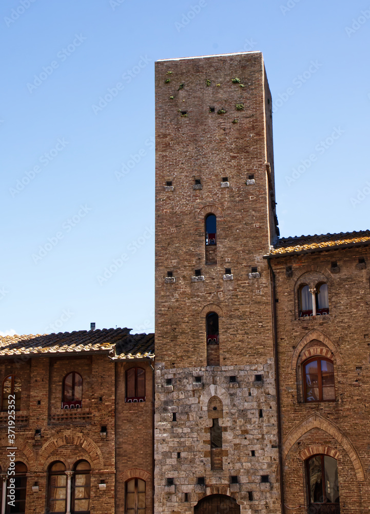 Ancient towers in the medieval town of San Gimignano. Unesco heritage. Siena, Tuscany, Italy
