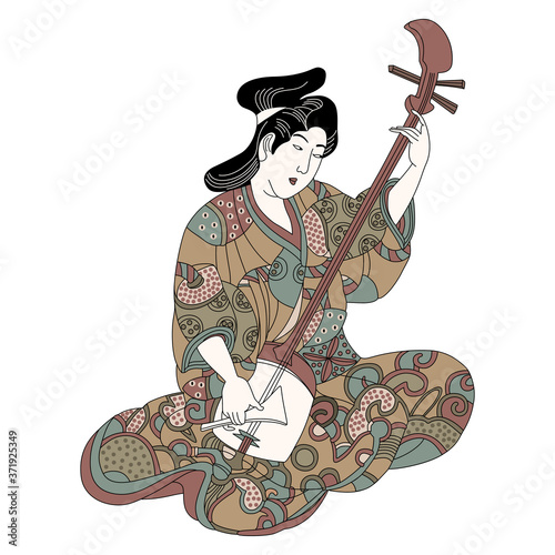 Seated Japanese woman in kimono playing shamisen.