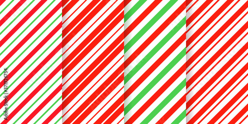 Candy cane stripe pattern. Vector. Seamless Christmas background. Red green peppermint diagonal lines. Xmas traditional wrapping texture. Set cute caramel package prints. Geometric illustration.