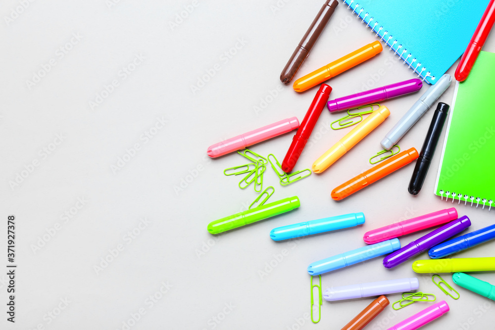 Set of school stationery on grey background Set of school stationery on grey background