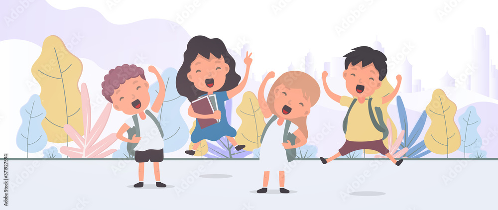 Back to school banner. Children rejoice at the start of the school year. Satisfied schoolchildren. Vector. Back to school banner. Children rejoice at the start of the school year. Satisfied schoolchildren. Vector.