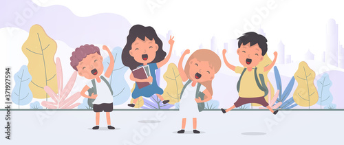 Back to school banner. Children rejoice at the start of the school year. Satisfied schoolchildren. Vector.