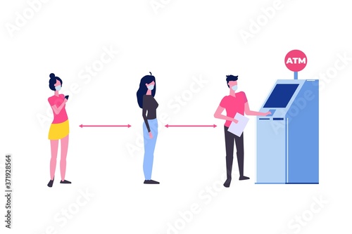 Social distancing and coronavirus covid-19 prevention. People are waiting in line near ATM machine. Vector illustration in a flat style