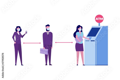 Social distancing and coronavirus covid-19 prevention. People are waiting in line near ATM machine. Vector illustration in a flat style