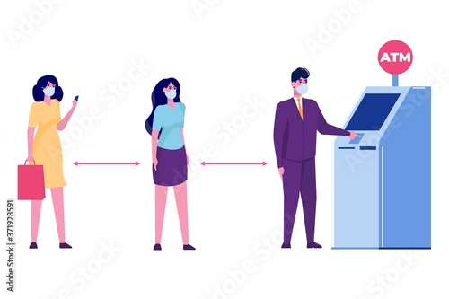 Social distancing and coronavirus covid-19 prevention. People are waiting in line near ATM machine. Vector illustration in a flat style