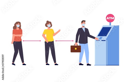 Social distancing and coronavirus covid-19 prevention. People are waiting in line near ATM machine. Vector illustration in a flat style