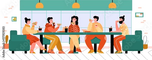 Group of friends having meeting in pizzeria, flat vector illustration on white background. Men and women cartoon characters eat pizza and communicating in cafe.