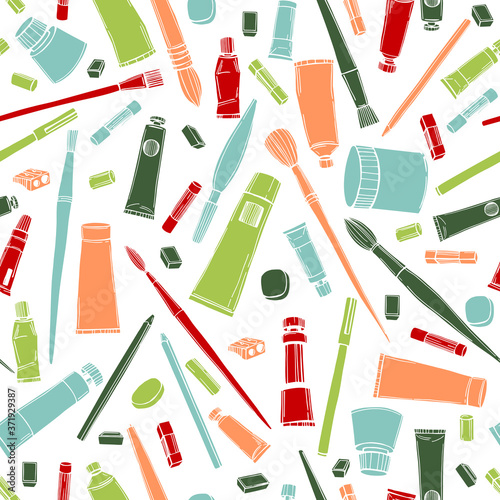 Hand drawn art tools and supplies set. Artistic paintbrushes and paints. Vector seamless pattern.