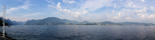Panoramic view to Traunsee lake with alps mountain. Summer Austria landscape