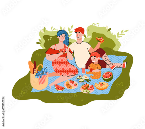 Cartoon family on summer picnic - happy parents and child eating fruit together on blanket on green grass. Vector illustration of outdoor meal in summery nature.