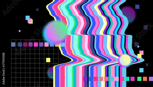 Glitch screen. Abstract background. Pattern. Vector artwork. Trendy retro 80s, 90s style. Print, poster, banner. Blue, black, pink, yellow, green, purple, red colors. Retrowave, synthwave, rave, vapor