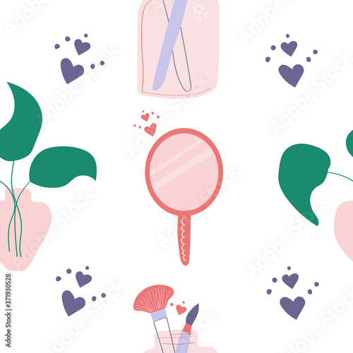 Seamless pattern of jar with makeup brushes, a mirror and a vase with tropical leaves. Design for print, web and wrapping paper girly concept. Flat illustration.