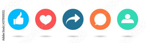 Icon of like, share, friend, comment, follow and repost. Social post button with thumb, dislike, heart and love symbols. New social network with media logo. emoji for app and notifications. Vector