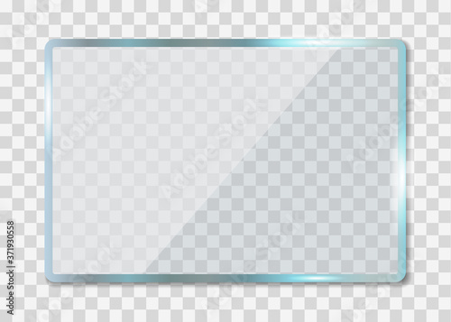 Glass texture. Acrylic window with reflection. Plexiglas with overlay effect. Plastic clear banner with shine, glare on transparent background. Square screen for display, billboard, showcase. Vector