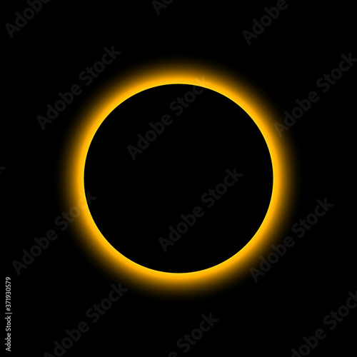 Eclipse solar. Total sun eclipse. Moon planet background. Light on horizon of earth. Concept of astronomy and space. Glow from full circle, ring of sun. Flare, shine on dawn. Mystery sunrise. Vector