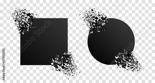 Broken geometric shape with explosion, particles. Shatter stone with debris. Black graphic circle, square with break elements. Abstract motion of particle. Modern futuristic banner, label. Vector.