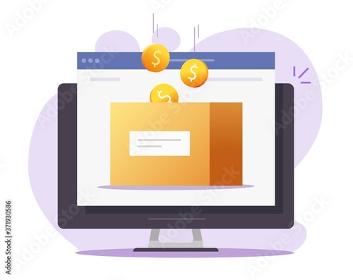 Money box online vector as charity donation website on computer or savings full of digital coins cash, electronic income earn help or financial volunteer flat illustration isolated clipart