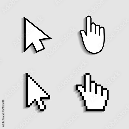 Cursor, hand icon from pixels. Pointer mouse for click. Arrow, finger for web, computer and internet navigation. Digital graphic symbol for link of www. Sign for button on screen of website. Vector.
