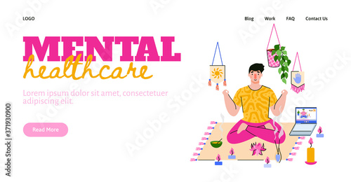 Mental healthcare website banner with man meditating on yoga mat with video on laptop and relaxing candles. Vector illustration of person on online guided meditation session.