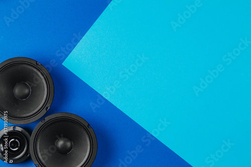 Car audio  car speakers  on a blue background. Copy space