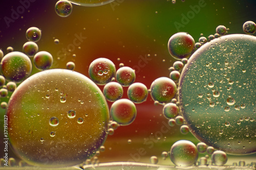 photo of multi-colored drops of oil close-up on a colored background for the background