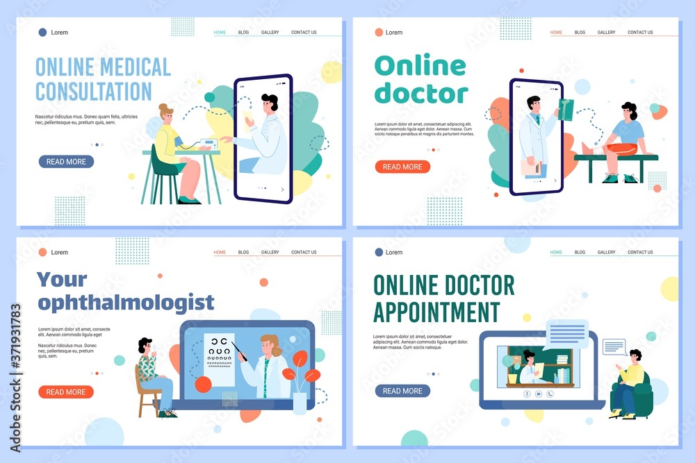 Online medical services. Doctor consultation, appointment and treatment. Examination by ophthalmologist surgeon and therapist. Vector flat illustrations. Set of landing pages templates