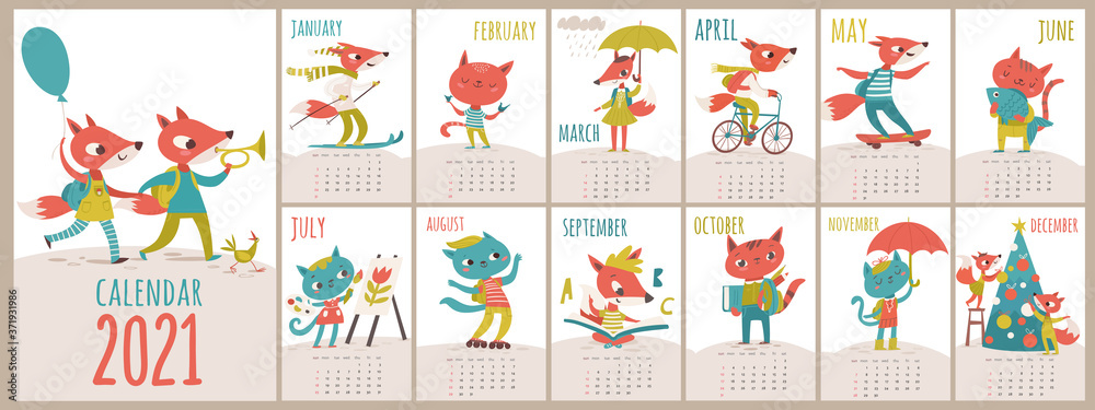 Vector 2021 calendar template with cats and foxes in kids cartoon style