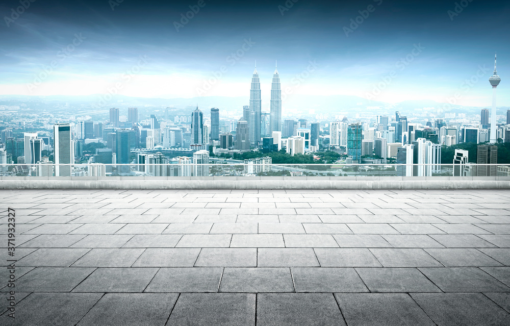 Panoramic skyline and buildings with empty square floor
