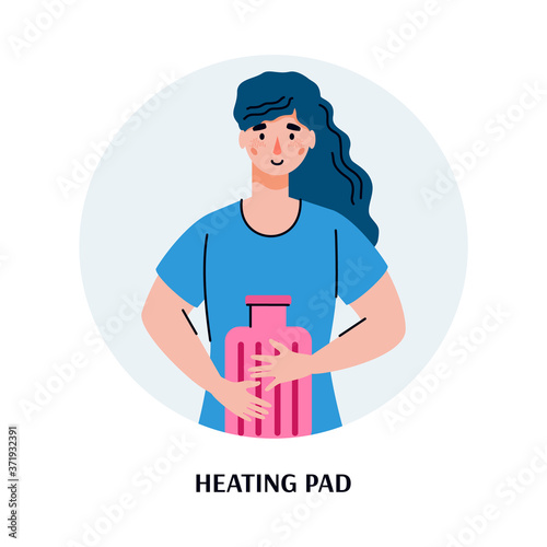 Woman heating her stomach with heating pad, flat cartoon vector illustration isolated on white background. Stomach pain and discomfort treatment and relief concept.