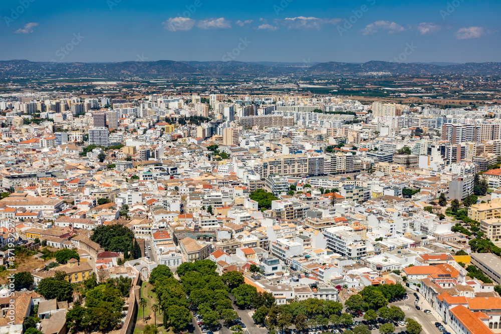 aerial of Faro with harbor, Portugal