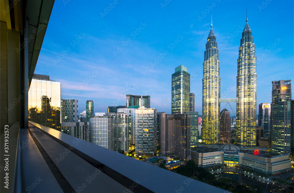 Fototapeta premium Beautiful cityscape from window view in sunrise