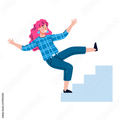 Young woman cartoon character falling from stairs, flat vector illustration isolated on white background. Falling accident and risk of injury in workplace.