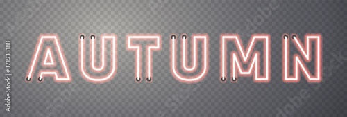 Red glow neon Autumn sign on transparent background. Lettering fall with vintage lamp lights. Template or signage for season offer. Retro font design for banner, advertising. Vector stock illustration