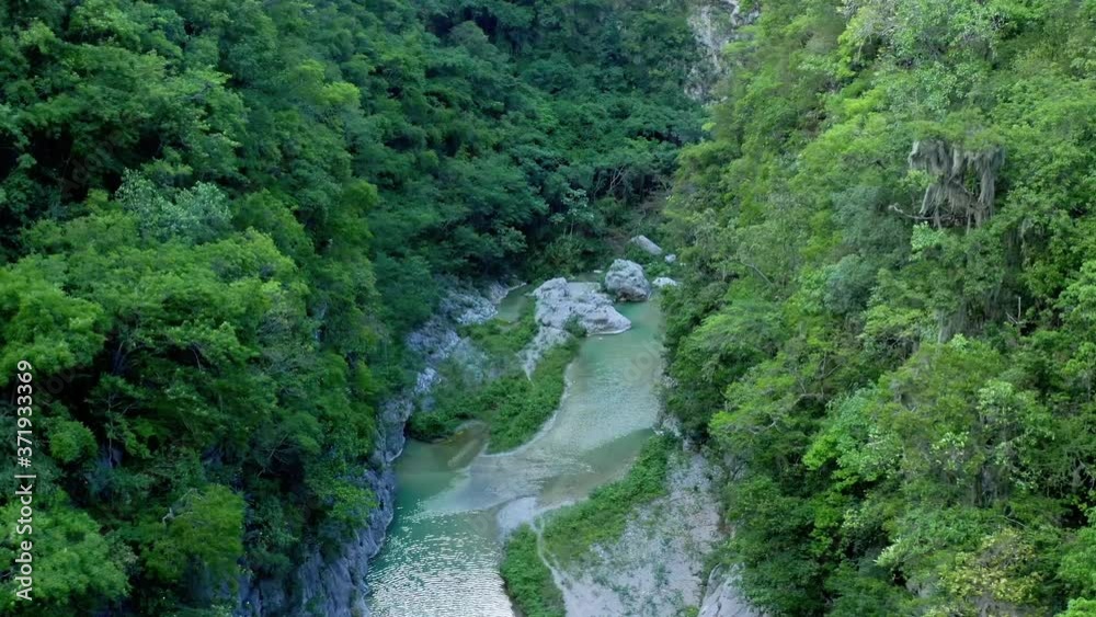 Aerial shot with drone over river canyon in Muchas Aguas. Dominican Republic Aerial shot with drone over river canyon in Muchas Aguas. Dominican Republic