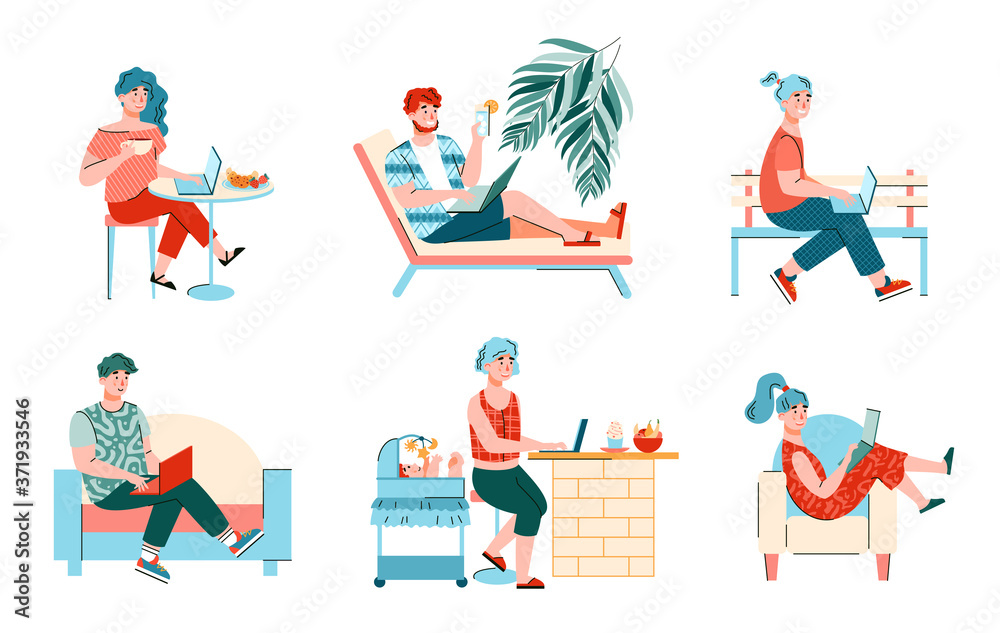 Set of cartoon characters of freelancers men and women working remotely, flat vector illustration isolated on white background. Distance job and home office collection.