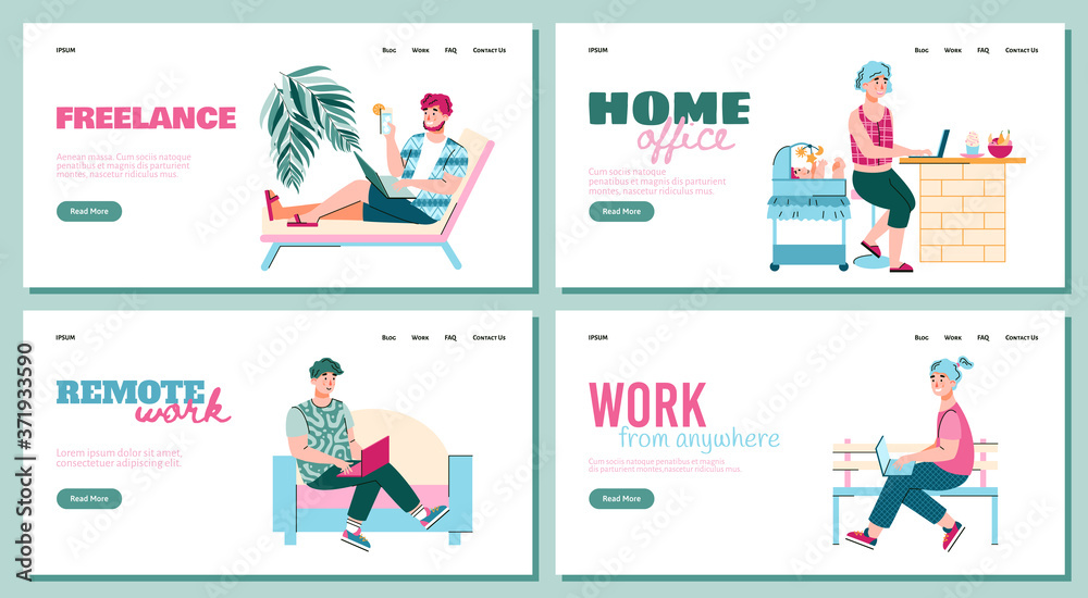 Remote freelance work from home banner set with cartoon people working remotely on laptops. Freelancers using computer at home office, vector illustration. Remote freelance work from home banner set with cartoon people working remotely on laptops. Freelancers using computer at home office, vector illustration.