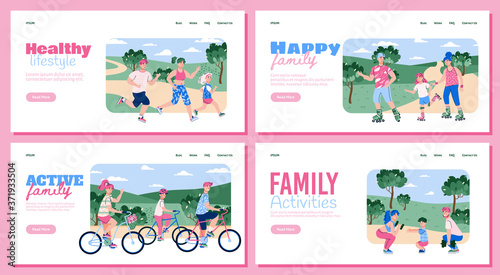 Family sport banner set - cartoon people with children doing fitness exercises in summer park together. Vector illustration of healthy parents and kids in nature.