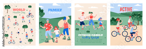 A sporty and healthy family leading an active healthy lifestyle. Active fitness outdoors. World health day. Vector flat illustrations. A set of banner or poster with inscriptions