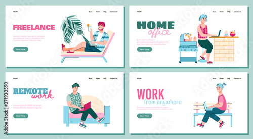 Remote freelance work from home banner set with cartoon people working remotely on laptops. Freelancers using computer at home office, vector illustration.