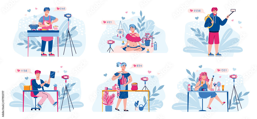 Vloggers making online video for internet content and collect likes. Concept of video blog monetization. A set of vector flat illustrations isolated on a white background