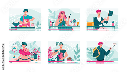 Different vlogger channels set - online content creator videos with cartoon bloggers doing product reviews or lifestyle tutorial. Vector illustration of blog channels.