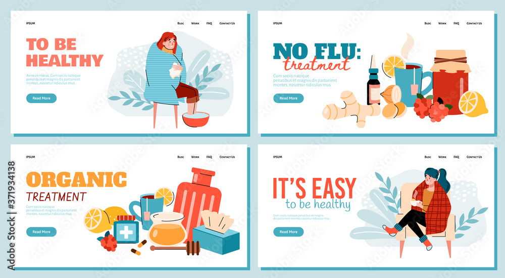 Home treatment for flu or cold virus - banner set for medical and natural healing website. Sick people and organic remedy collection, vector illustration.