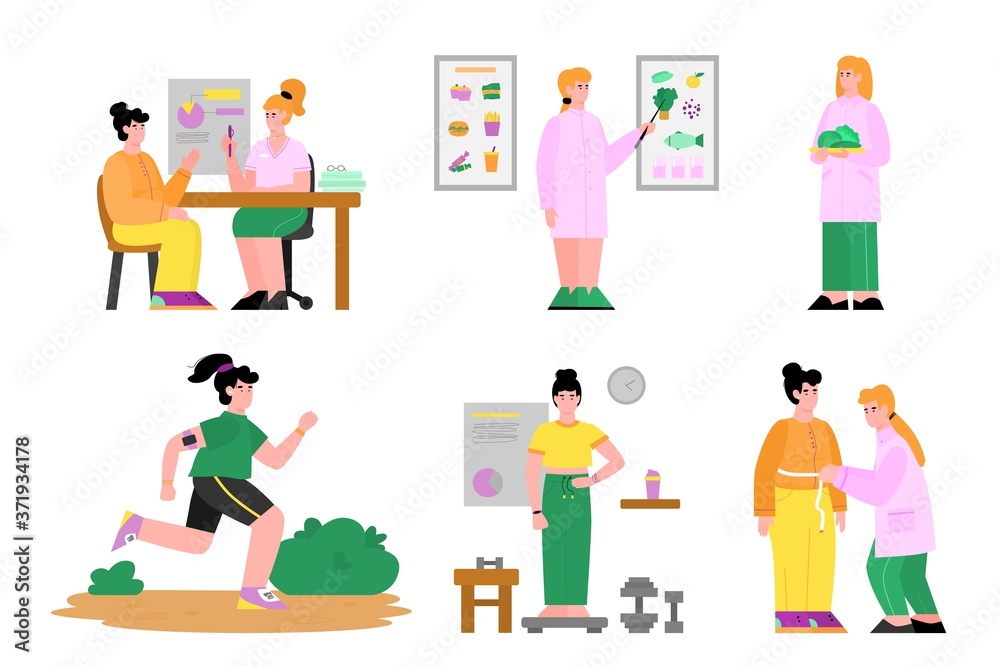 Nutritionist set - cartoon nutrition doctor teaching about food, making diet and exercise plan for client. Isolated vector illustration on white background. Nutritionist set - cartoon nutrition doctor teaching about food, making diet and exercise plan for client. Isolated vector illustration on white background.