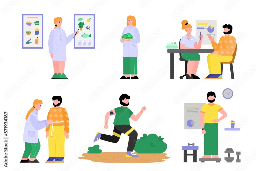 Set with doctor nutritionist treating and consulting a patient, flat cartoon vector illustration isolated on white background. Professional dieting and nutrition advice. Set with doctor nutritionist treating and consulting a patient, flat cartoon vector illustration isolated on white background. Professional dieting and nutrition advice.