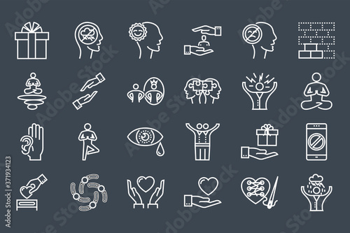 Conscious Living and Friends Relations Thin Line Related Icons Set. Isolated on Black Background. Simple Mono Linear Pictogram Pack Stroke Vector Logo Concept for Web. Editable Stroke.